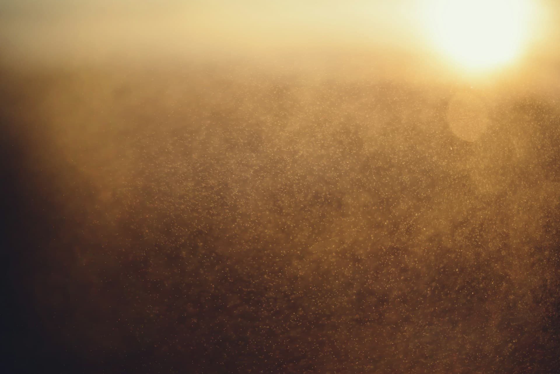 Golden sunlight through airborne particles with a warm atmospheric haze